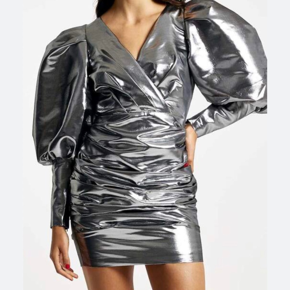 River Island Silver Puff Sleeve dress ruched